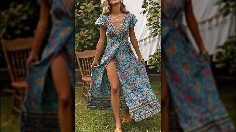 Woman wearing a flower print maxi dress