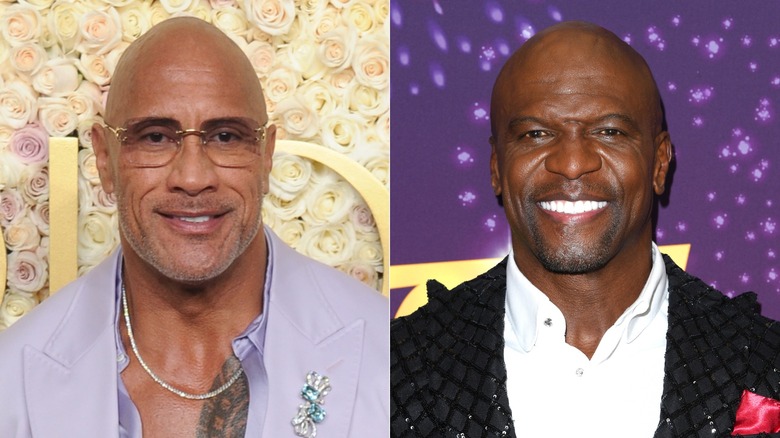 Dwayne Johnson smiles at the 82nd annual Golden Globe Awards held at the Beverly Hilton Hotel in Beverly Hills (2025); Terry Crews smiles at the "America's Got Talent" Season 19 Winner's Red Carpet at Hotel Dena in Pasadena, California (2024)