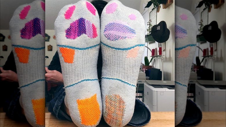 Socks with colorful mending