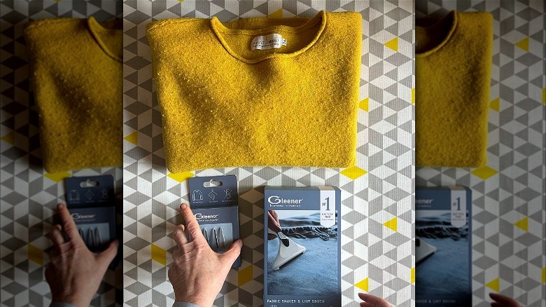 Mustard sweater with lint pills