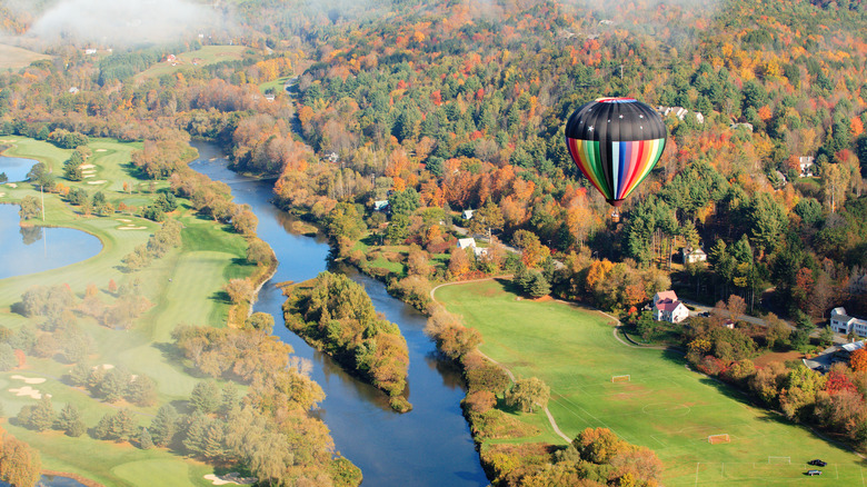 Hot air balloon flying over the Vermont countryside