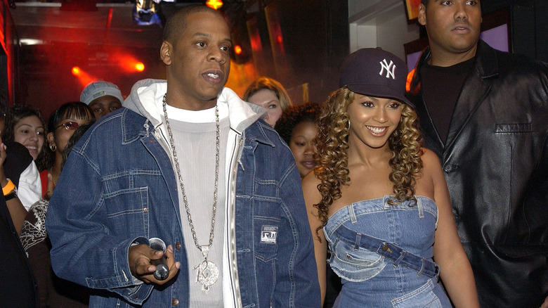 Jay-Z and Beyoncé wearing denim outfits