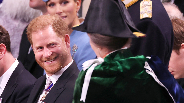 Prince Harry smiling at Princess Anne 