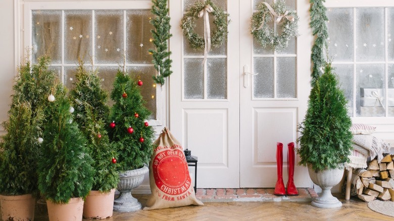 Front porch with mini Christmas pine trees