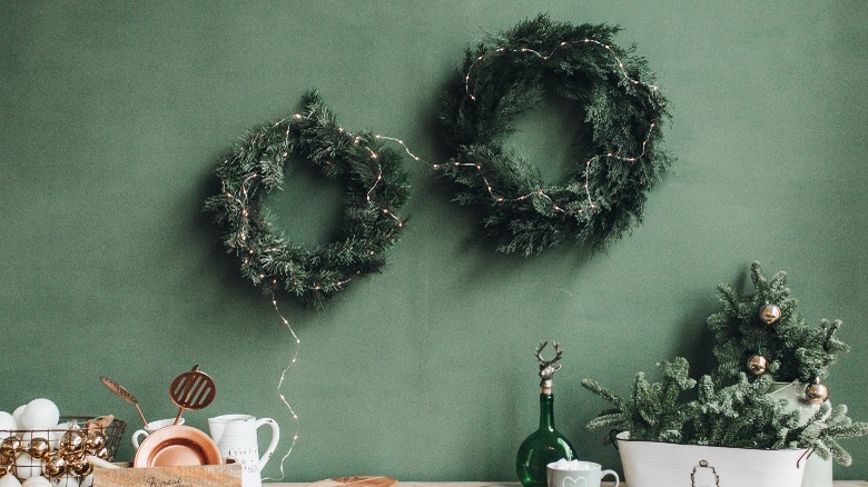 Two Christmas wreaths in the kitchen