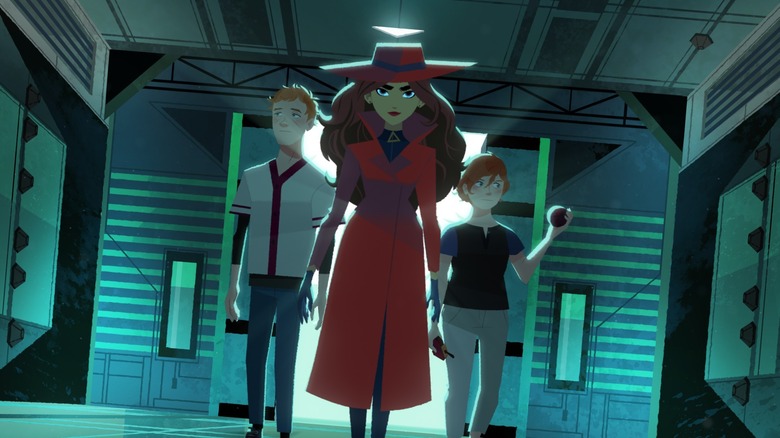 Carmen Sandiego center, red trench coat and hat
