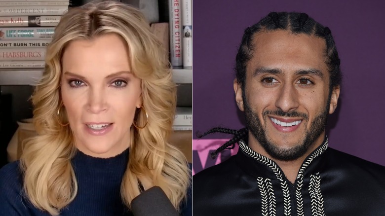 A split image of an angry Megyn Kelly and a smiling Colin Kaepernick