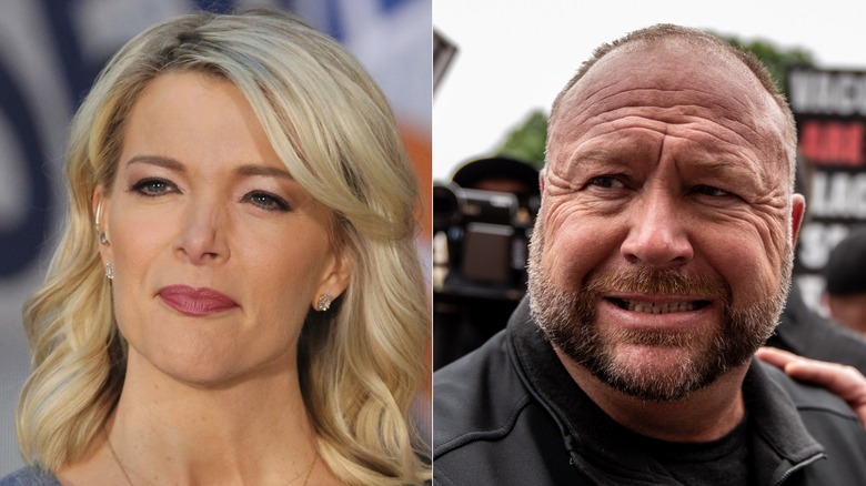 A split image of a smiling Megyn Kelly and an angry Alex Jones