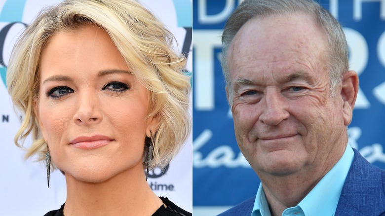 A split image of Megyn Kelly and Bill O'Reilly, both smiling impassively