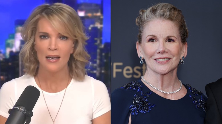 A split image of an angry Megyn Kelly and a smiling Melissa Gilbert