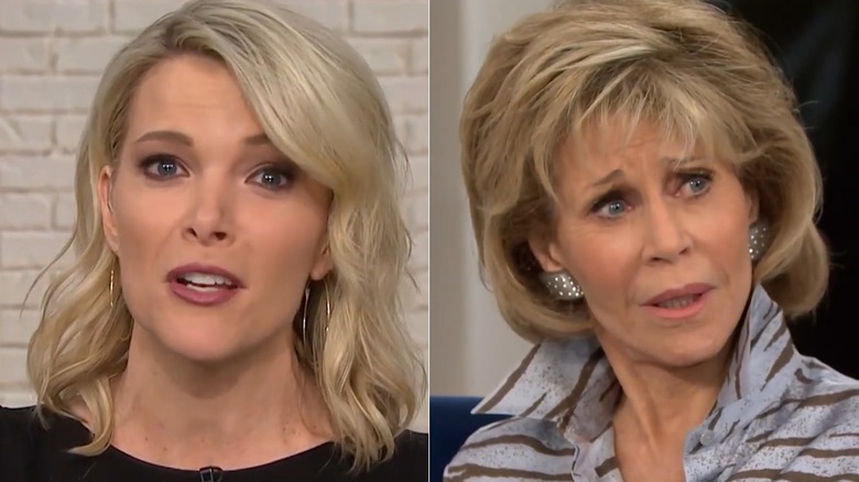 A split image of Megyn Kelly and a shocked-looking Jane Fonda