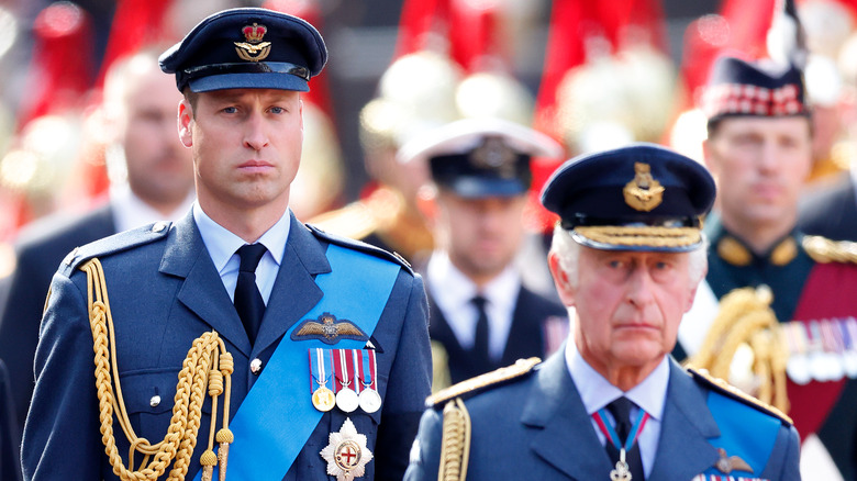 Prince William and King Charles frowning 