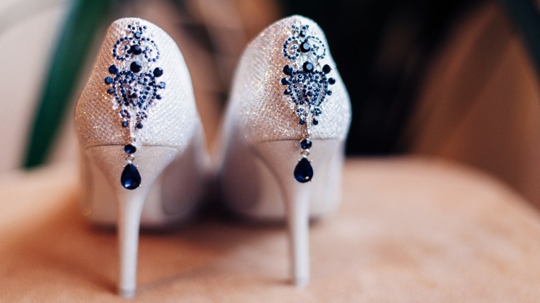 wedding heels with blue jewel charm