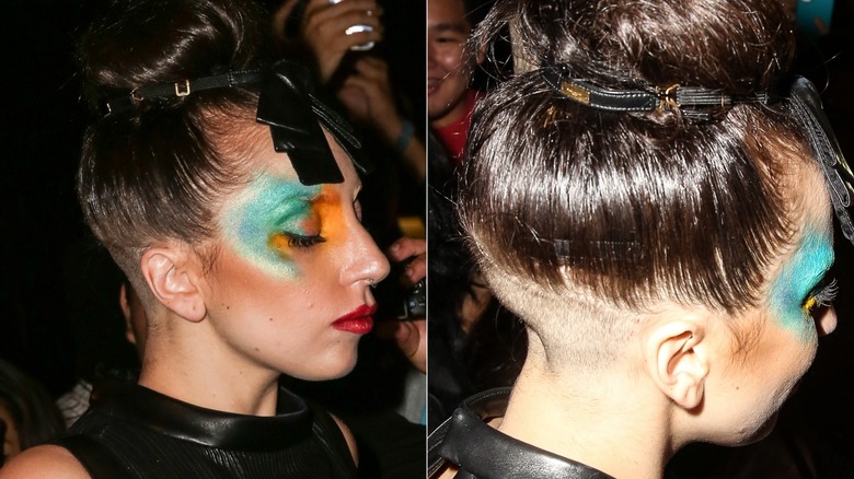 Split image of Lady Gaga's updo hair showing her shaved undercut and hair extensions