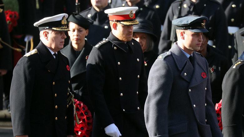 Prince William, Harry, and Andrew walking in uniform 