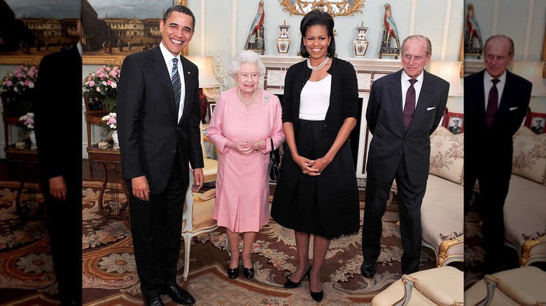 US President Barack Obama and his wife Michelle Obama pose for photographs with Queen Elizabeth II and Prince Philip, Duke of Edinburgh