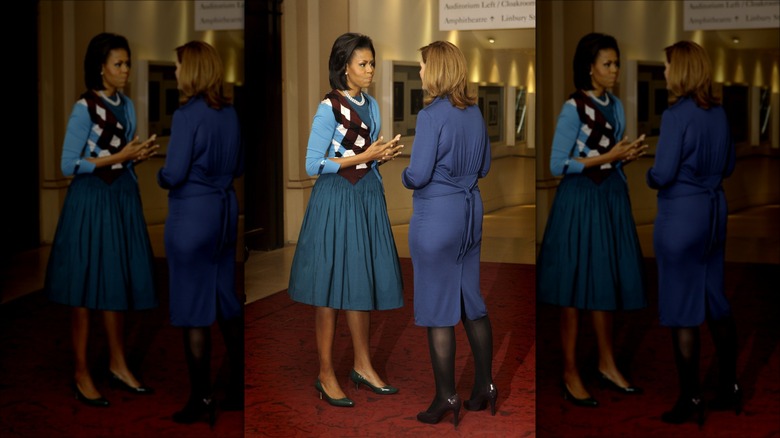 Michelle Obama wearing an argyle cardigan