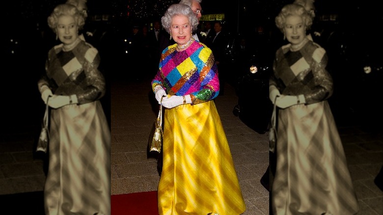 Queen Elizabeth in yellow patchwork gown