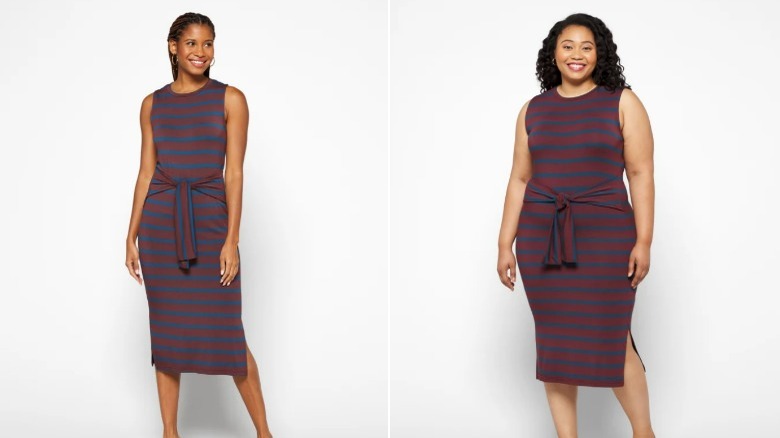 Two models, each wearing maroon dress with navy stripes