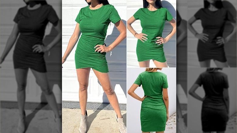 Model wearing emerald green t-shirt dress