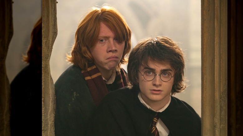 Rupert Grint and Daniel Radcliffe standing together with long hair in Harry Potter and the Goblet of Fire