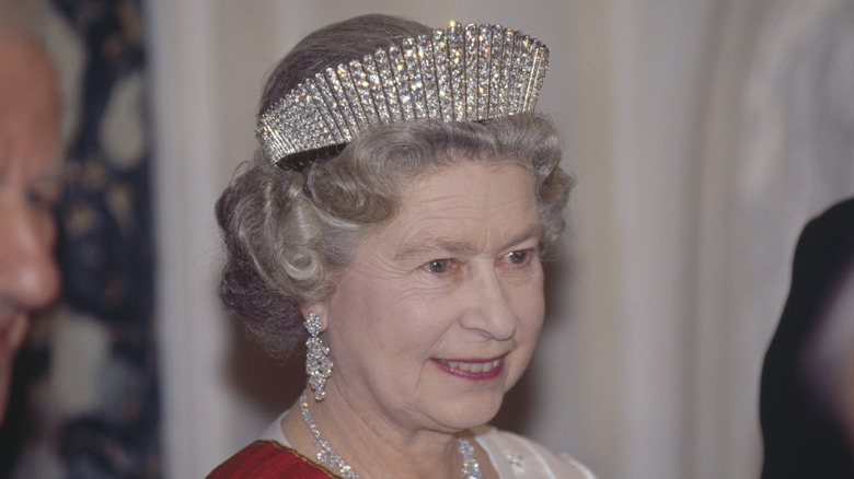 Queen Elizabeth II at a state banquet in Bruhl, Germany (1992)