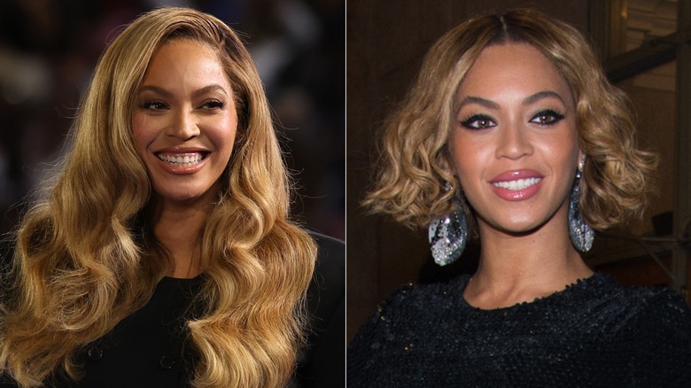 Split image of Beyoncé with long hair vs. Beyoncé with short bob