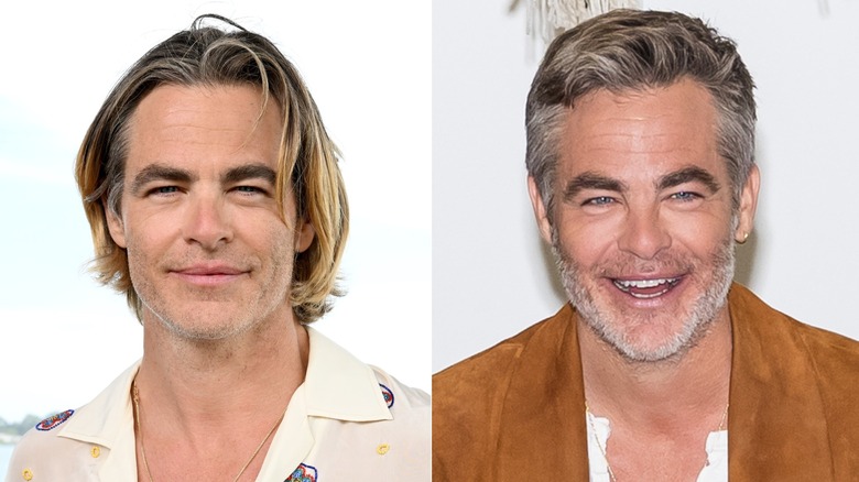 Split image of Chris Pine with long hair vs. short hair and beard