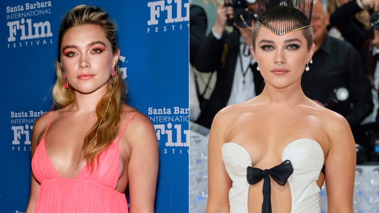 Split image of Florence Pugh with long hair vs. Florence Pugh with buzz-cut hairstyle