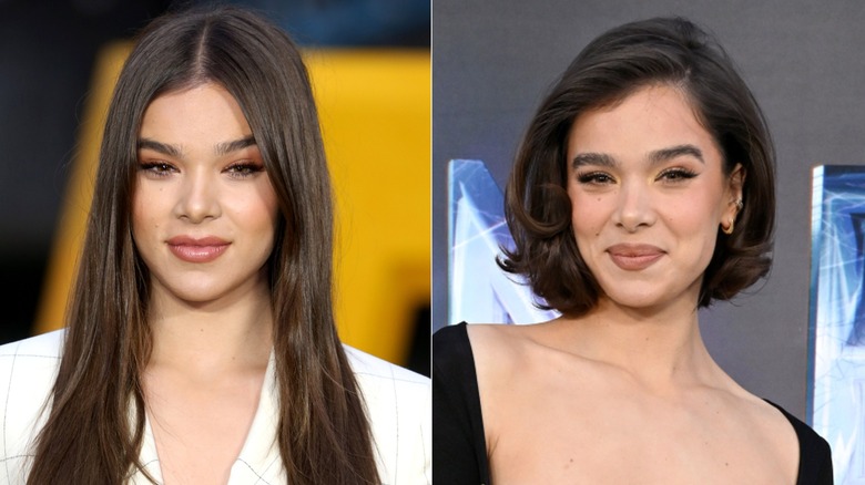 Split image Hailee Steinfeld with long hair vs. Hailee Steinfeld with short bob