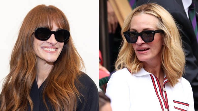 Split image of Julia Roberts with long red hair vs. Julia Roberts with a blond long bob