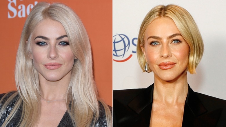 Split image of Julianne Hough with long hair vs. Julianne Hough with a short bob