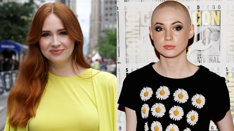 Split image of Karen Gillan with long red hair vs. Karen Gillan with tightly shaved head