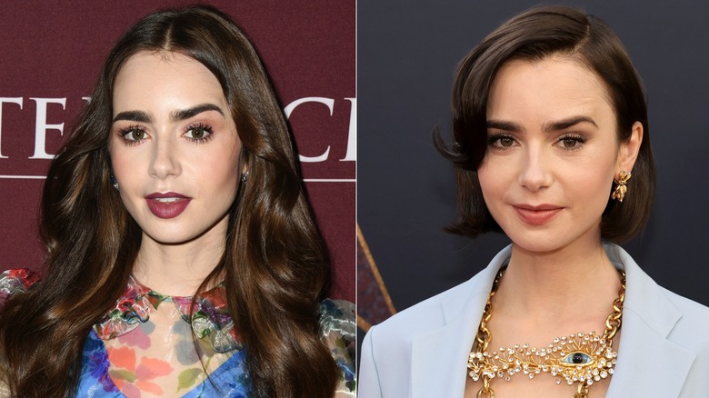 Split image of Lily Collins with long hair vs. Lily Collins with short hair