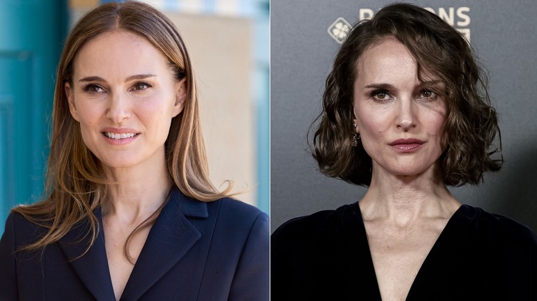 Split image of Natalie Portman with long hair vs. Natalie Portman with a short bob hairstyle