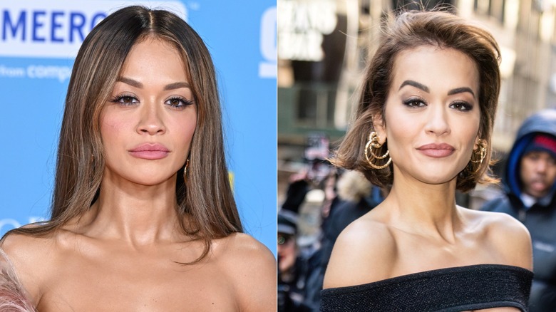 Split image of Rita Ora with long hair vs. Rita Ora with short bob