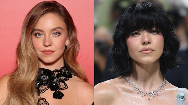 Split image of Sydney Sweeney with long blond hair vs. Sydney Sweeney with short black bob