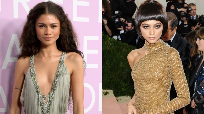 Split image of Zendaya posing with long hair vs. Zendaya wearing bowl cut wig