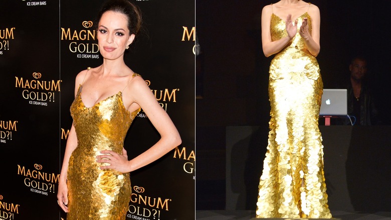 Caroline Correa in Zac Posen's gold dress