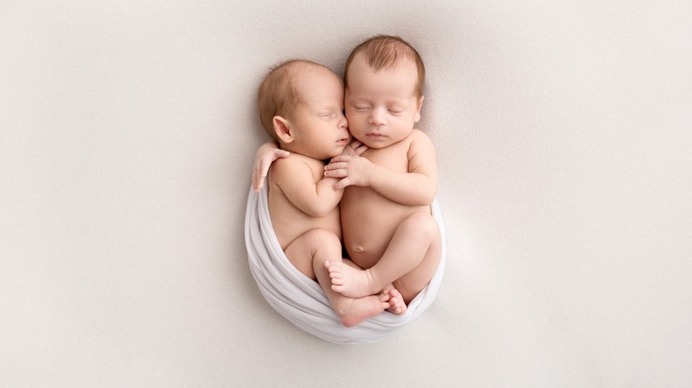 Twin babies in a white blanket