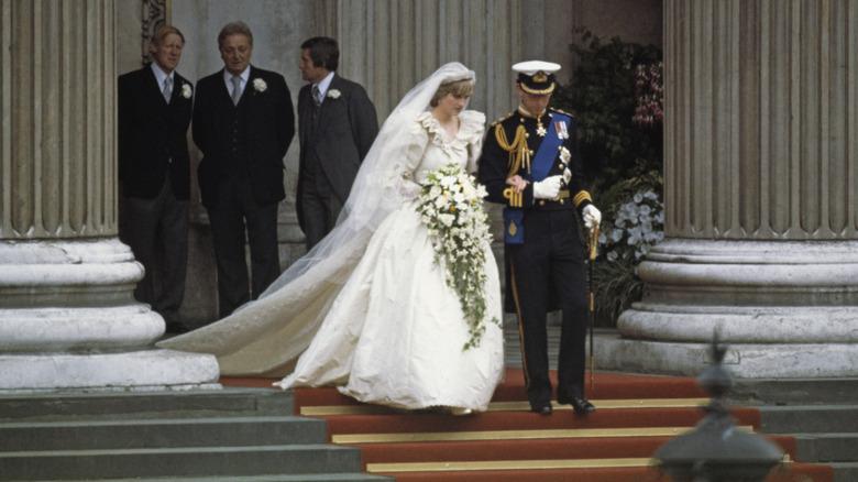 Princess Diana with King Charles III on their wedding day at St. Paul's Cathedral, London, 1981.