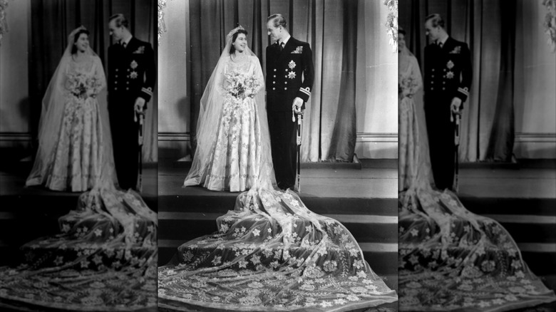 Queen Elizabeth II on her wedding day in 1947 with Prince Philip.