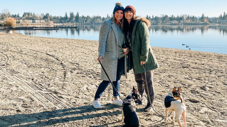 Leslie Davis, Lyndsay Lamb walking their dogs