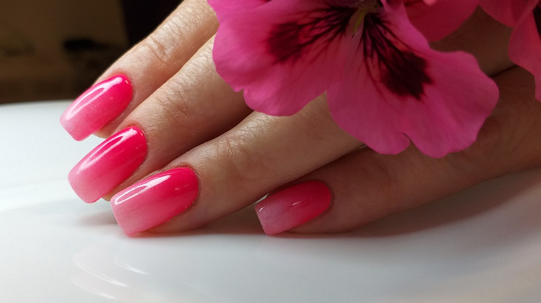 Bright pink ombré nails posed next to flower