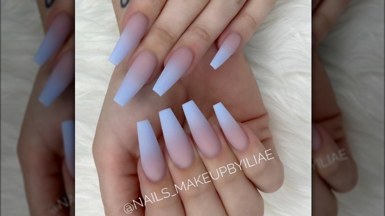 Matte manicure blue-to-pink ombré fade