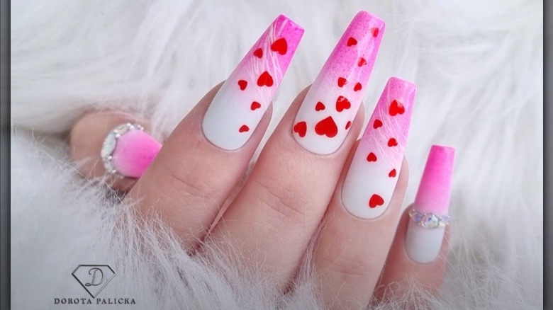 Long pink ombré nails with hearts