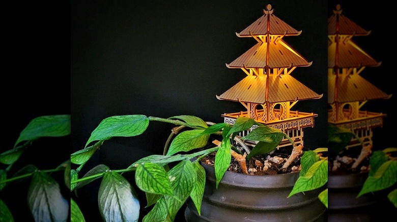 Miniature pre-lit treehouse in plant 