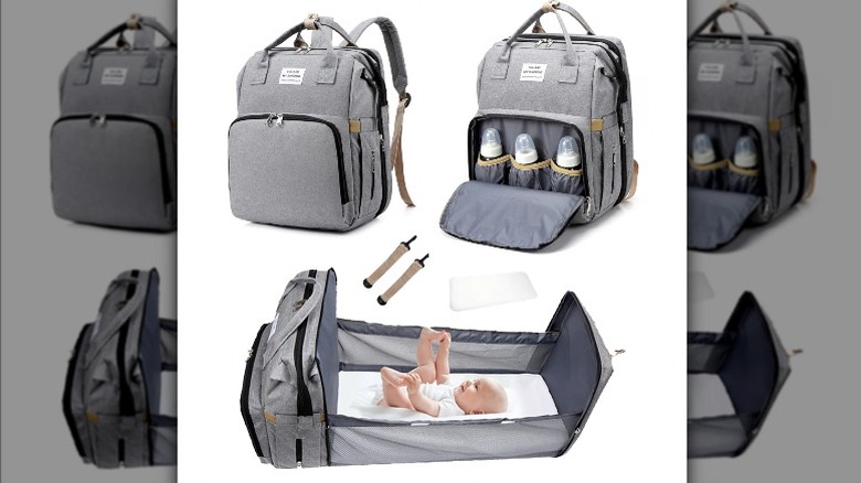 Grey backpack with baby bottles and pullout crib with baby