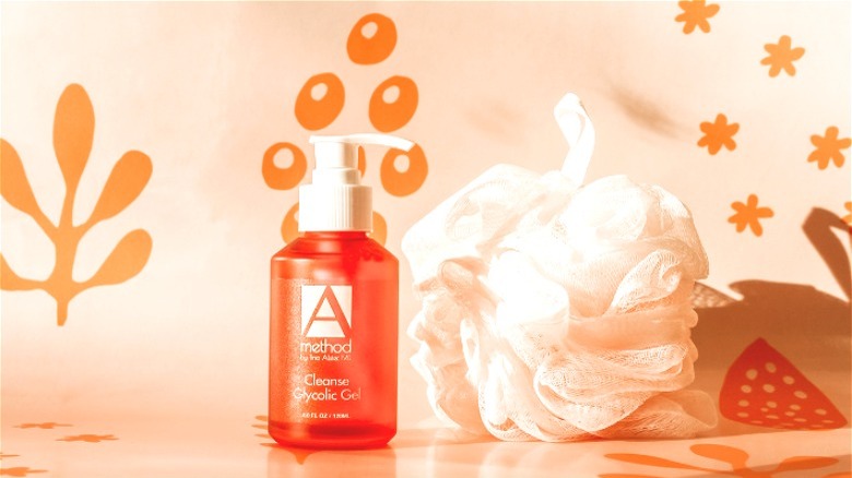 Glycolic gel cleanser and pink shower puff