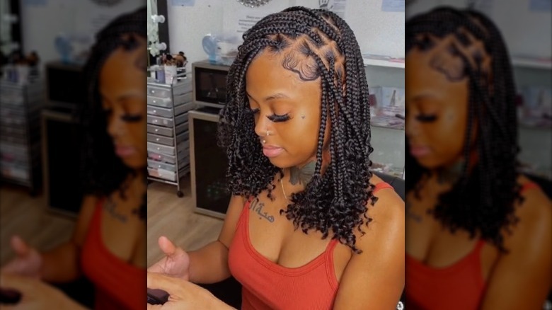 Knotless braided bob with curly ends